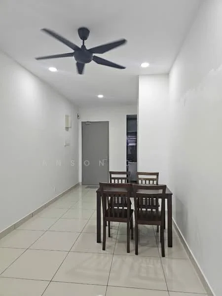 Dining features: 4-seater wooden dining table, 4 wooden dining chairs, white painted walls, glossy ceramic tile flooring, recessed LED downlights, 5-blade ceiling fan, door leading to hallway, air conditioning unit on wall; style: modern.
