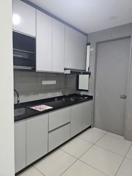 Kitchen features: grey flat-panel cabinets, black granite countertop, single-bowl stainless-steel sink, chrome pull-down faucet, tile backsplash, built-in oven, ceramic tile flooring, recessed downlights, wall-mounted mirror, open shelving, kitchen utensils on countertop; style: modern.