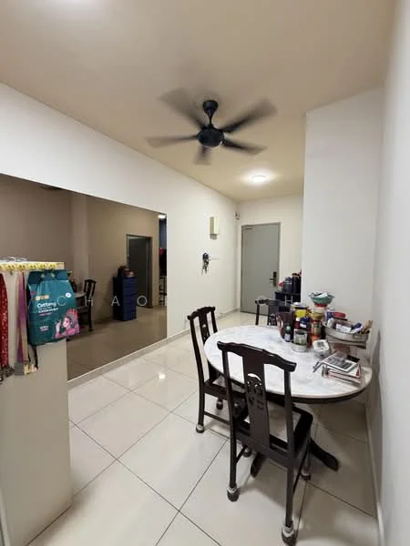 Dining features: round dining table, 4 wooden dining chairs, white tiled flooring, cream painted walls, 5-blade ceiling fan, wall-mounted mirror, decorative items on table, doorway to adjacent room; style: modern.