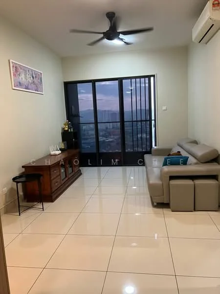 Living features: cream painted walls, glossy white tile flooring, 5-blade ceiling fan with light, wall-mounted split AC, sliding glass door, floor-to-ceiling windows, grey leather sectional sofa, wooden coffee table, decorative artwork on wall, curtains, city view from window; style: modern; view: city.