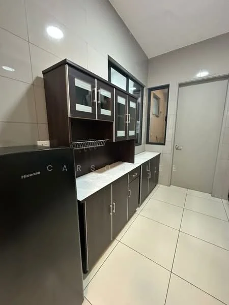 Kitchen features: dark wood cabinetry with glass-front upper cabinets, white marble countertop, stainless-steel fridge, tile flooring, grey tiled walls, single-basin sink, wall-mounted mirror, open shelving, built-in dish rack, window for natural light; style: modern.
