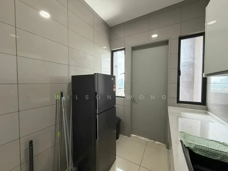 Laundry features: grey tiled walls, white tiled flooring, black fridge, single door, two windows, white cabinetry, marble countertop, cleaning supplies, sink, green dishcloth; style: modern; view: city.