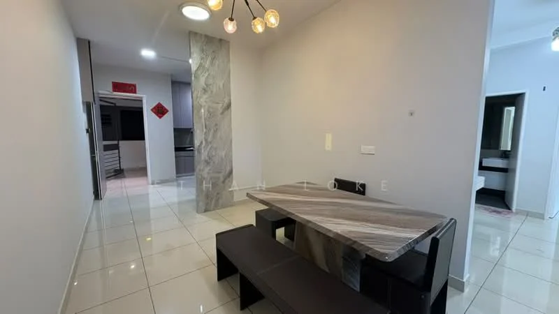 Dining features: rectangular dining table with marble top, black dining benches, white tiled flooring, grey accent wall, modern pendant light fixture, open layout to kitchen, wall-mounted light switch, doorway leading to other rooms; style: modern.