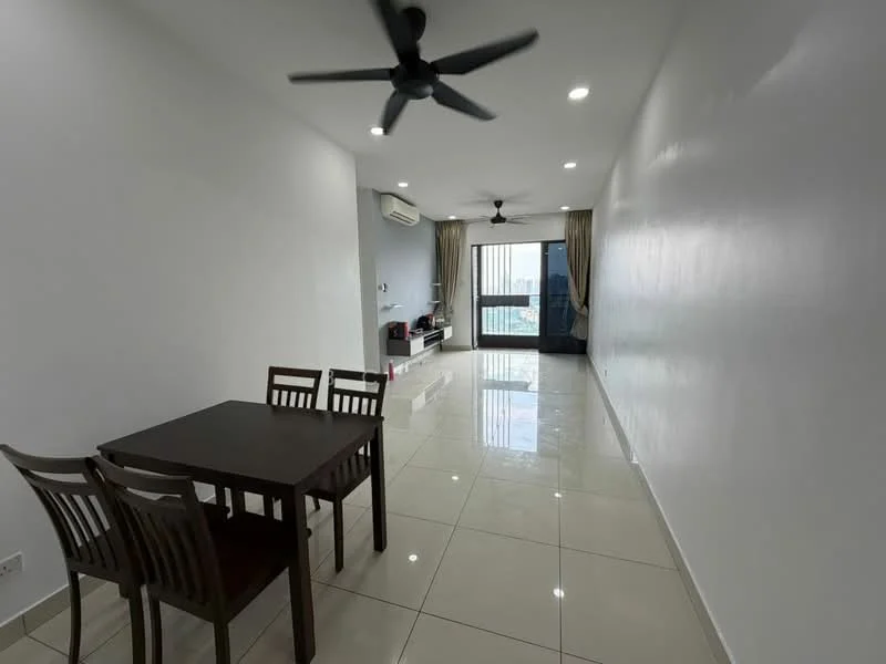 Living features: white painted walls, glossy ceramic tile flooring, 5-blade ceiling fan with light, recessed LED downlights, floor-to-ceiling windows, curtains, dining table with 4 chairs, TV console, wall-mounted TV, open layout; style: modern; view: city.