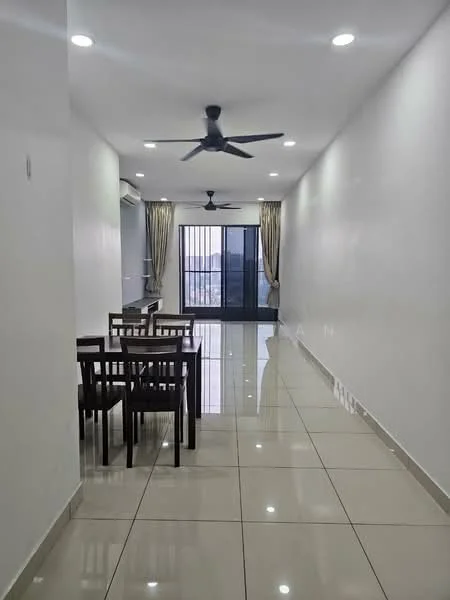 Living features: white painted walls, glossy ceramic tile flooring, 5-blade ceiling fan with light, floor-to-ceiling sliding glass door, curtains, dining table with four chairs, air conditioning unit, recessed LED downlights; style: modern; view: city.