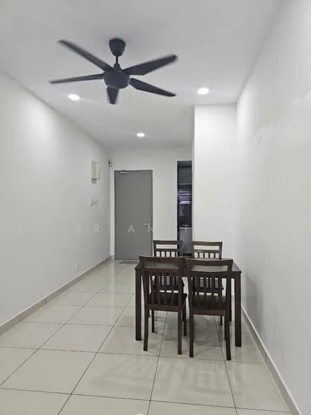 Dining features: 4-seater wooden dining table, 4 wooden dining chairs, white painted walls, glossy ceramic tile flooring, recessed LED downlights, 5-blade ceiling fan, doorway leading to another room; style: modern.