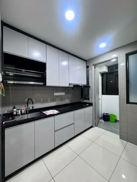 Kitchen features: grey and white cabinetry, black countertop, stainless-steel sink, chrome faucet, built-in oven, ceramic tile flooring, recessed LED downlights, wall-mounted storage rack, open shelving, window with black frame, white tiled backsplash, kitchen appliances visible; style: modern. Room features: door leading to utility area, grey tiled walls, green bucket visible.