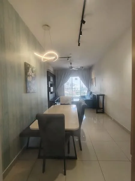 Dining features: rectangular dining table, upholstered dining chairs, pendant light fixture, wall-mounted shelving unit, floor-to-ceiling windows, curtains, light grey accent wall, glossy tile flooring, ceiling fan with light, decorative artwork; style: modern; view: garden.