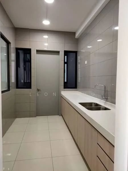 Kitchen features: single-bowl stainless-steel sink, chrome pull-down faucet, white quartz countertop, light wood cabinetry, grey tiled walls, white tiled flooring, recessed LED downlights, floor-to-ceiling windows, grey door, open layout; style: modern.