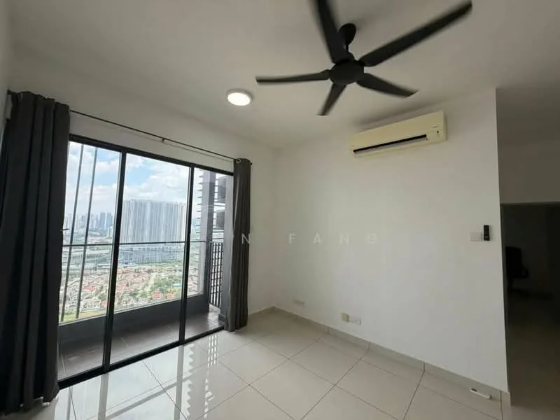 Living features: floor-to-ceiling windows, sliding glass door, grey curtains, 5-blade ceiling fan, wall-mounted split AC, white painted walls, glossy ceramic tile flooring, city view; style: modern; view: city.