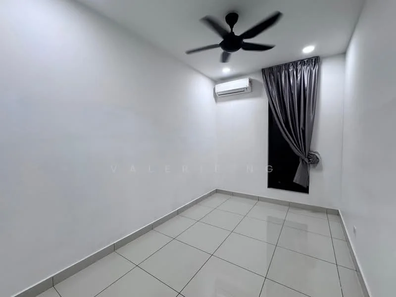 Room features: white painted walls, glossy ceramic tile flooring, 5-blade ceiling fan, wall-mounted split AC, blackout curtains, single window, recessed downlights; style: modern.