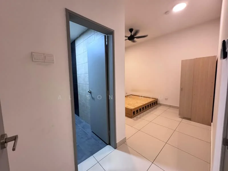Room features: white painted walls, tile flooring, ceiling fan, wooden wardrobe, doorway leading to another room, neutral color scheme, recessed lighting; style: modern.