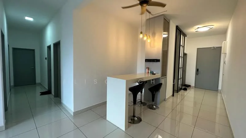 Room features: white painted walls, glossy ceramic tile flooring, recessed downlights, 5-blade ceiling fan with light, bar counter with stools, open layout, glass partition, doorway to hallway, doorway to rooms, neutral color scheme; style: modern.