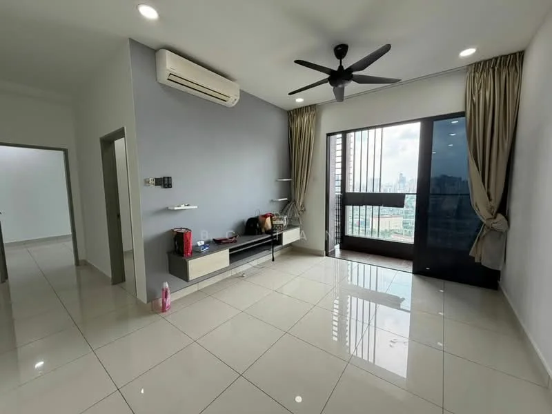 Living features: glossy porcelain tile flooring, grey accent wall, white painted walls, floor-to-ceiling windows, sliding glass door, 5-blade ceiling fan with light, wall-mounted TV console, curtains, air conditioning unit; style: modern; view: city.