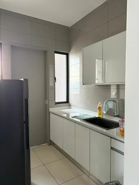 Kitchen features: white cabinetry, grey tiled backsplash, stainless-steel sink, chrome faucet, built-in oven, black refrigerator, countertop with space for appliances, window with city view, ceramic tile flooring, under-cabinet lighting; style: modern; view: city.