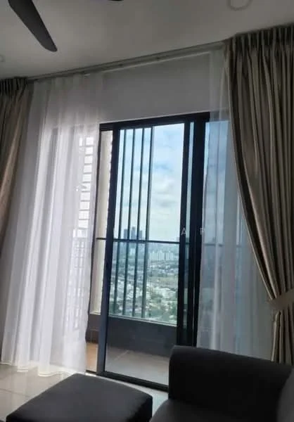 Room features: floor-to-ceiling windows, sliding glass door, sheer curtains, blackout curtains, grey wall, light-colored tiled flooring, ceiling fan, balcony view; style: modern; view: city.
