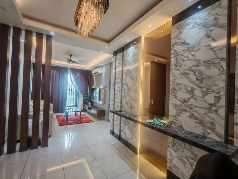 Living features: marble tile flooring, white walls with wood accents, recessed downlights, 5-blade ceiling fan, floor-to-ceiling windows, sheer curtains, wall-mounted TV, entertainment unit, area rug with geometric pattern, decorative mirror, sofa in cream color, coffee table, built-in cabinetry with lighting; style: modern; view: city.