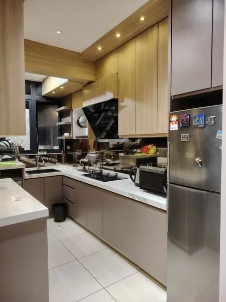 Kitchen features: wood cabinetry, white marble countertop, stainless-steel sink, chrome pull-down faucet, 4-burner gas hob, built-in oven, microwave, refrigerator, tile flooring, recessed downlights, black backsplash, open shelving, kitchen island; style: modern.
