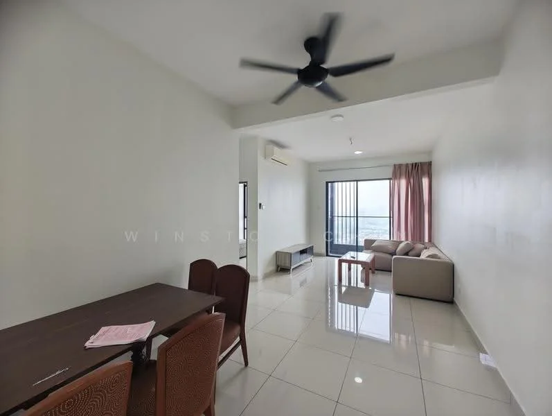 Living features: white painted walls, glossy ceramic tile flooring, 5-blade ceiling fan, floor-to-ceiling windows, sliding glass door, curtains, sofa in beige, coffee table, dining table with four chairs; style: modern; view: city.