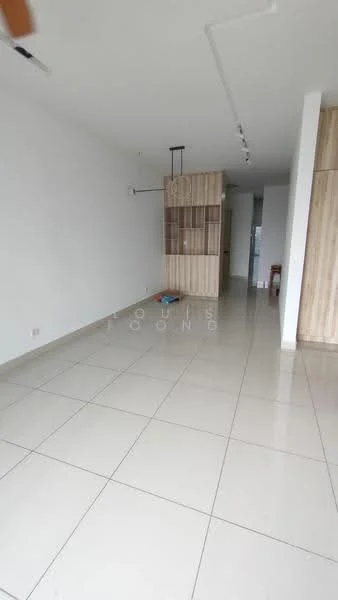 Living features: white painted walls, cream tiled flooring, recessed downlights, pendant light fixture, built-in wooden cabinetry, open layout, large windows, neutral color palette; style: modern.