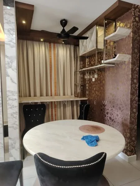 Dining features: round marble dining table, black upholstered dining chairs, wall-mounted shelving, decorative wallpaper with geometric pattern, curtains, ceiling fan, bar counter, spotlights, white tiled flooring; style: modern.