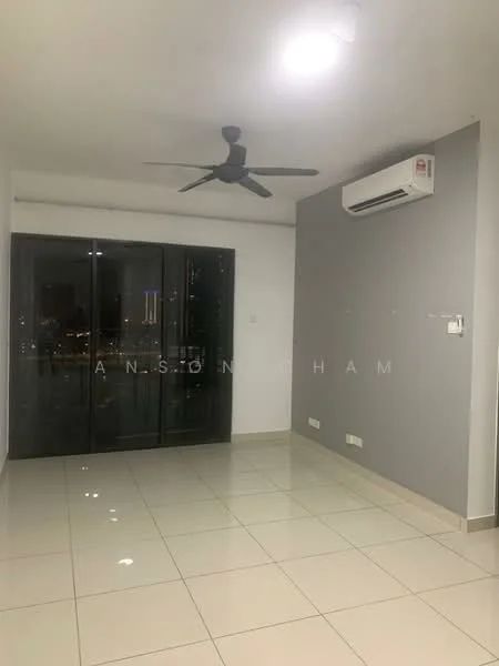 Living features: grey accent wall, white painted walls, polished ceramic tile flooring, 5-blade ceiling fan with light, wall-mounted split AC, floor-to-ceiling glass sliding door, city skyline view; style: modern; view: city.