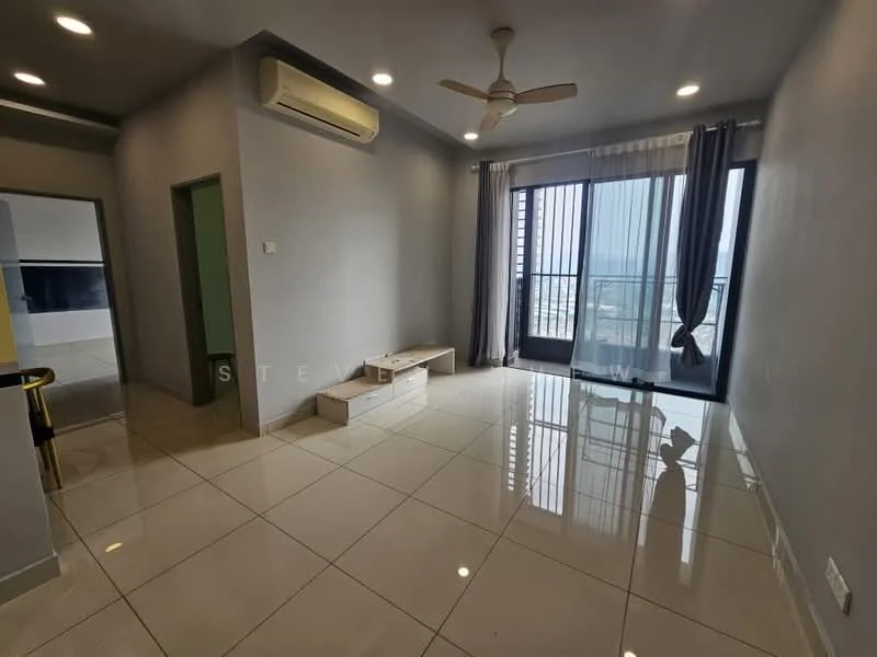 Living features: grey painted walls, white ceiling, glossy tile flooring, 5-blade ceiling fan, floor-to-ceiling windows, sliding glass door, curtains, TV console, wall-mounted TV, decorative wall shelf; style: modern; view: city.