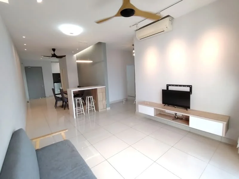 Living features: grey fabric sofa, wall-mounted TV, TV console with storage, recessed downlights, 2-blade ceiling fan, air conditioning unit, glossy tile flooring, neutral painted walls; style: modern. Dining features: white bar counter, 3 high stools, open layout, neutral painted walls, glossy tile flooring; style: modern.