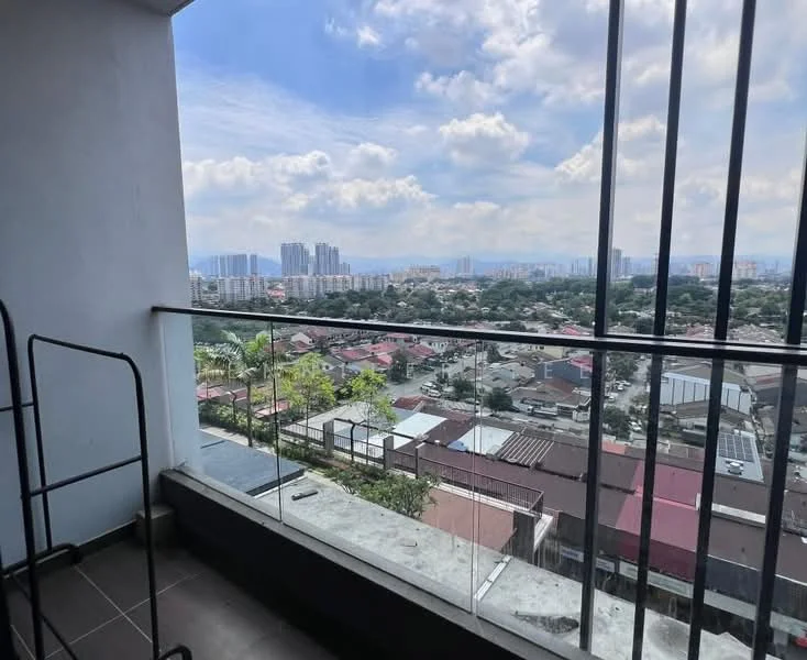 Room features: glass balcony railing, concrete flooring, city skyline view, outdoor space, partially covered area; style: modern; view: city.
