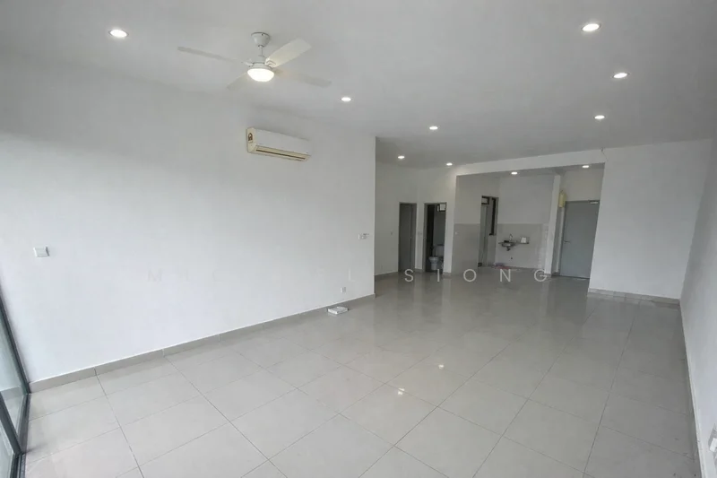 Living features: white painted walls, tile flooring, 5-blade ceiling fan, 1 wall-mounted split AC, floor-to-ceiling windows, sliding glass door, natural light, open layout; style: modern. Kitchen features: tile flooring, white painted walls, open layout, kitchen area visible; style: modern.