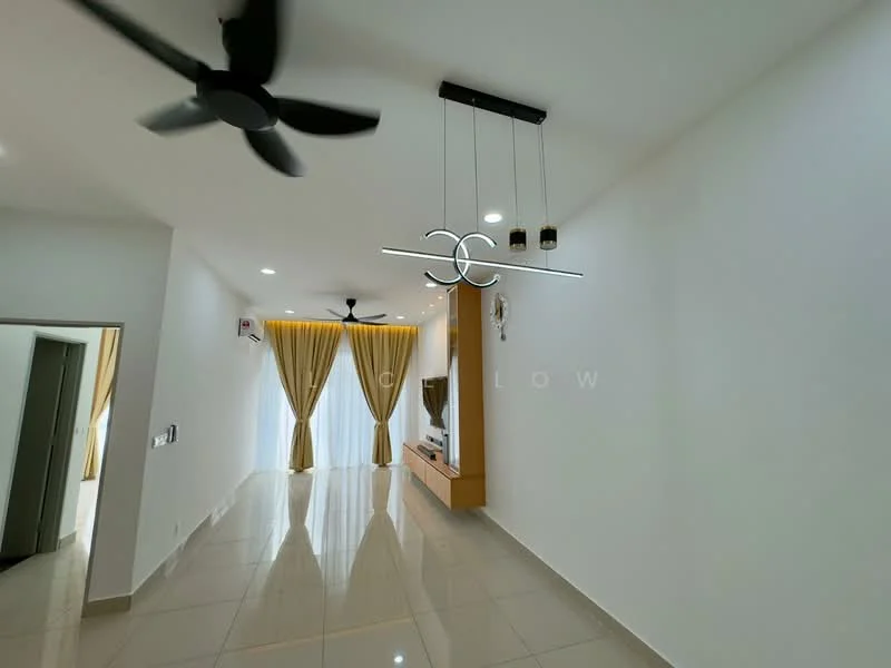 Living features: white painted walls, glossy tile flooring, 5-blade ceiling fan with light, 2 ceiling fans, recessed downlights, hanging pendant light, TV console, large windows with sheer curtains, wooden feature wall, open layout; style: modern.