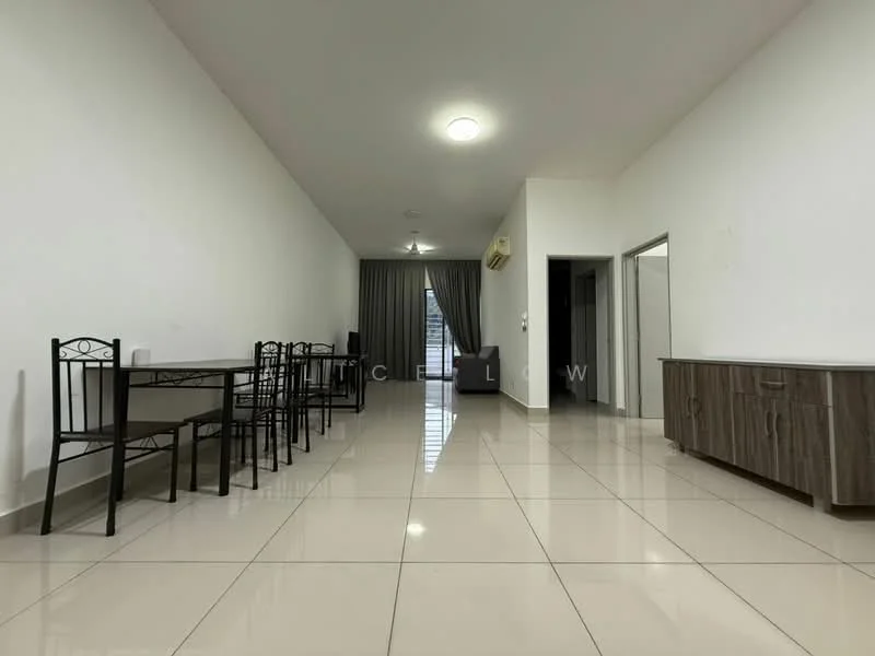 Living features: white painted walls, glossy ceramic tile flooring, recessed ceiling lights, large window with grey curtains, air conditioning unit, wooden sideboard, dining table with four chairs, open layout, neutral color palette; style: modern.