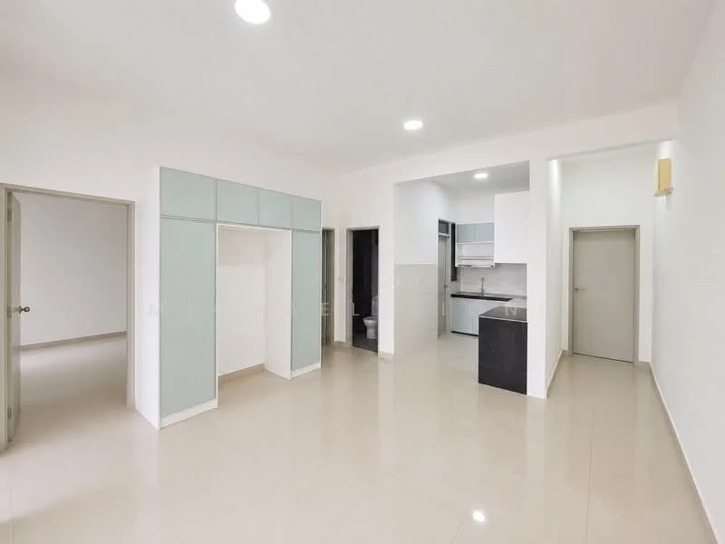 Room features: white painted walls, glossy tile flooring, recessed downlights, built-in cabinetry with glass panels, black countertop, kitchen area with wall-mounted cabinets, doorway leading to bathroom, doorway leading to another room; style: modern.