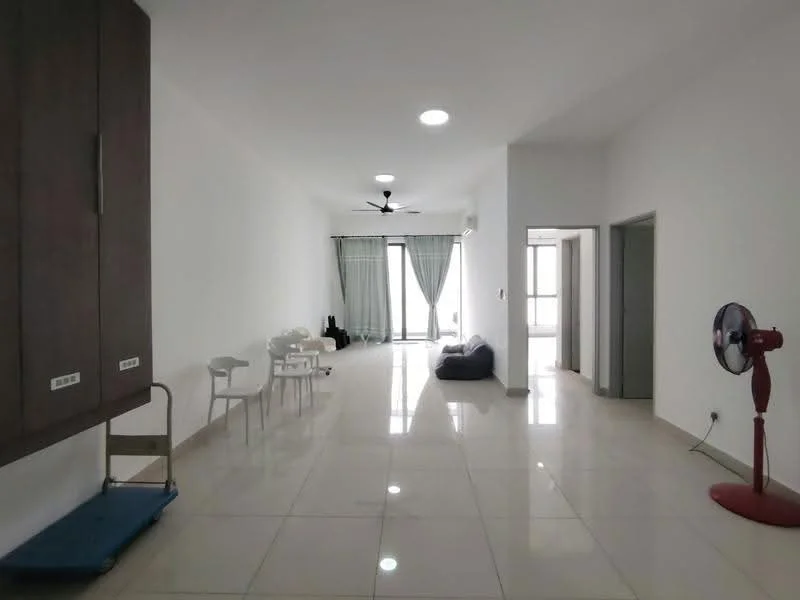Living features: white painted walls, glossy tile flooring, 5-blade ceiling fan with light, floor-to-ceiling windows, sheer curtains, sliding glass door, beige bean bag, white dining table with chairs, wall-mounted air conditioning unit, decorative wall-mounted fan, built-in cabinetry, open layout; style: modern; view: city.