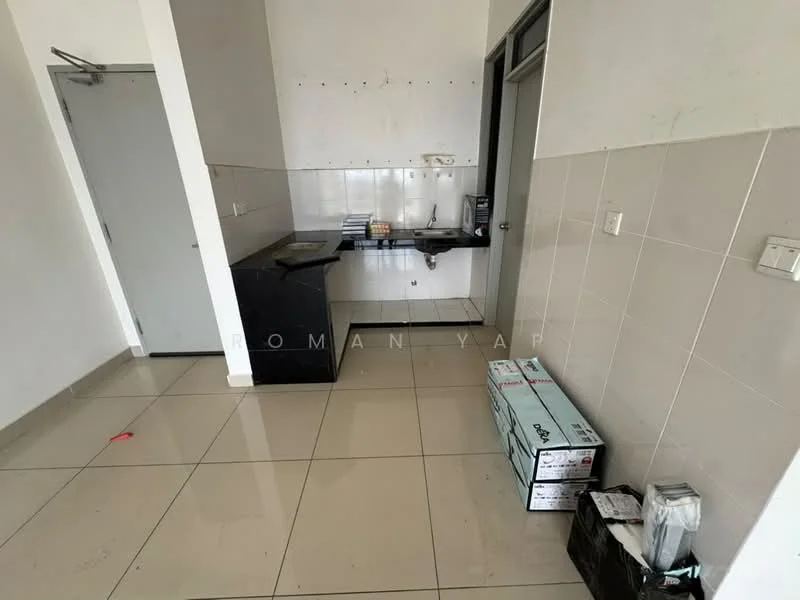 Kitchen features: black countertop, white tiled backsplash, stainless-steel sink, single-bowl sink, built-in cabinetry, ceramic tile flooring, wall-mounted cabinets, empty wall space for appliances.