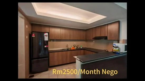 Kitchen features: brown wooden cabinetry, black countertop, stainless-steel fridge, built-in oven, ceramic tile flooring, recessed ceiling lights, kitchen sink, chrome faucet, wall-mounted range hood, tile backsplash; style: modern.