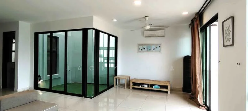 Living features: white painted walls, glossy tile flooring, 5-blade ceiling fan with light, floor-to-ceiling glass panels, sliding glass door, natural light from windows, wooden bench, air conditioning unit; style: modern; view: garden. Room features: green carpet flooring, glass enclosure, natural light from windows.