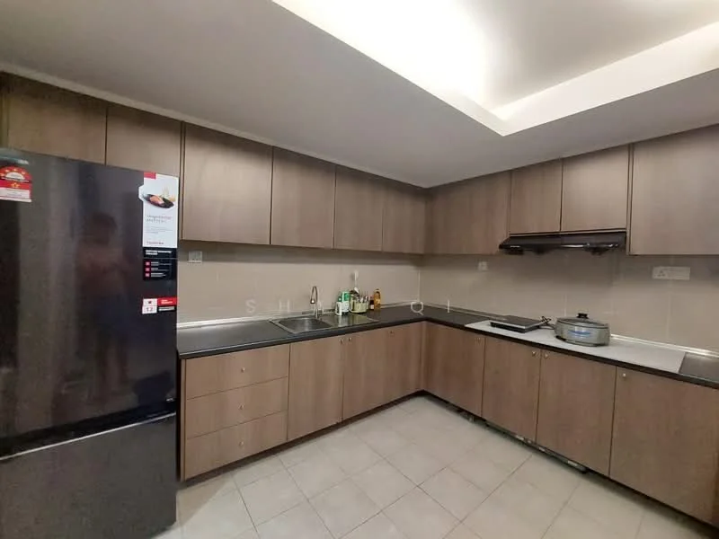 Kitchen features: dark wood cabinetry, black countertop, stainless-steel fridge, built-in oven, gas hob, exhaust hood, ceramic tile flooring, recessed downlights, wall-mounted cabinets, sink, backsplash, kitchen island, open shelving; style: modern.