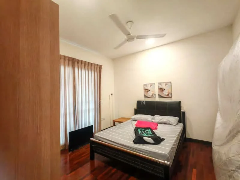 Bedroom features: queen-size bed, upholstered headboard, bedding with grey and pink colors, wooden flooring, ceiling fan, two framed artworks on wall, curtains, wall-mounted TV, nightstand, decorative pillows; style: modern.