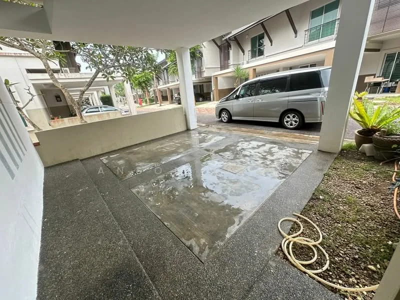 Exterior type: car porch; features: concrete flooring, covered car porch, manicured landscaping, potted plants, drainage hose visible, surrounded by residential buildings; style: modern.