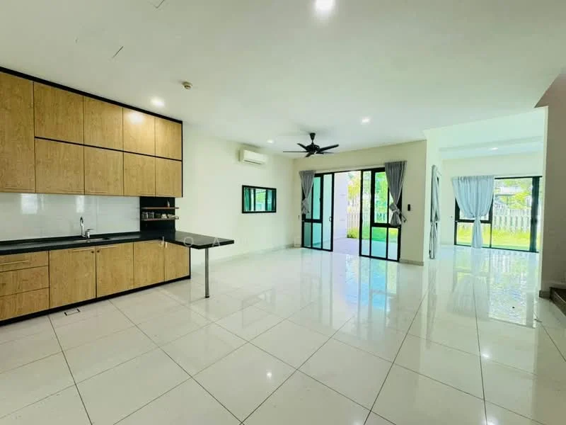 Kitchen features: black countertop, wood cabinetry, stainless-steel sink, chrome pull-down faucet, open layout, white tiled flooring, recessed downlights, wall-mounted split AC; style: modern; view: garden. Living features: large sliding glass doors, floor-to-ceiling windows, white walls, ceiling fan, open space, natural light; style: modern; view: garden.