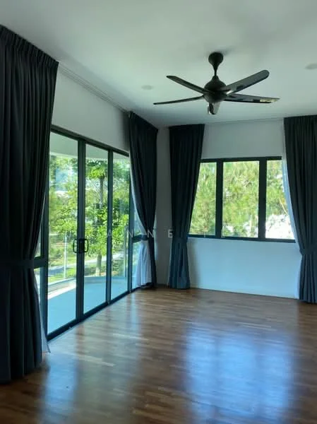 Room features: wooden flooring, 5-blade ceiling fan, floor-to-ceiling windows, sliding glass door, dark grey curtains, white painted walls, natural light from windows, view of greenery; style: modern; view: garden.