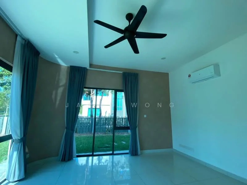 Living features: white painted walls, grey accent wall, glossy tile flooring, 5-blade ceiling fan, floor-to-ceiling sliding glass door, sheer curtains, air conditioning unit, natural light from windows, view of garden; style: modern; view: garden.