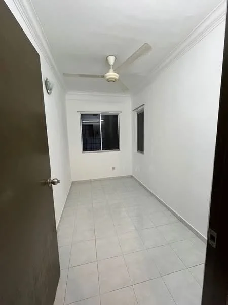 Room features: white painted walls, tile flooring, ceiling fan, single window, door, light fixture, corner wall, neutral color scheme.
