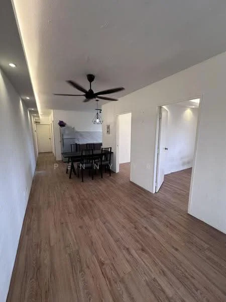 Dining features: wooden flooring, 5-blade ceiling fan with light, dining table with black chairs, white painted walls, recessed lighting, doorway leading to another room, doorway leading to kitchen, open layout; style: modern. Room features: white painted walls, wooden flooring, doorway leading to hallway.