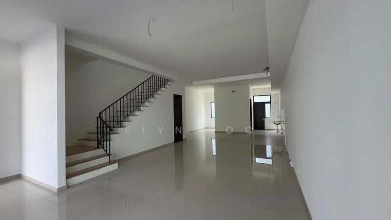 Room features: white painted walls, polished tile flooring, staircase with metal railing, large windows, ceiling lights, open layout, high ceiling, doorway leading to another room; style: modern.