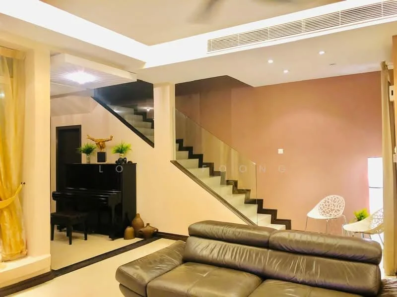 Living features: black grand piano, 3-seater leather sofa in dark brown, cream wall with accent wall in light brown, recessed downlights, ceiling fan, glass railing staircase, decorative plants, floor-to-ceiling windows with sheer curtains, light-colored flooring; style: modern.