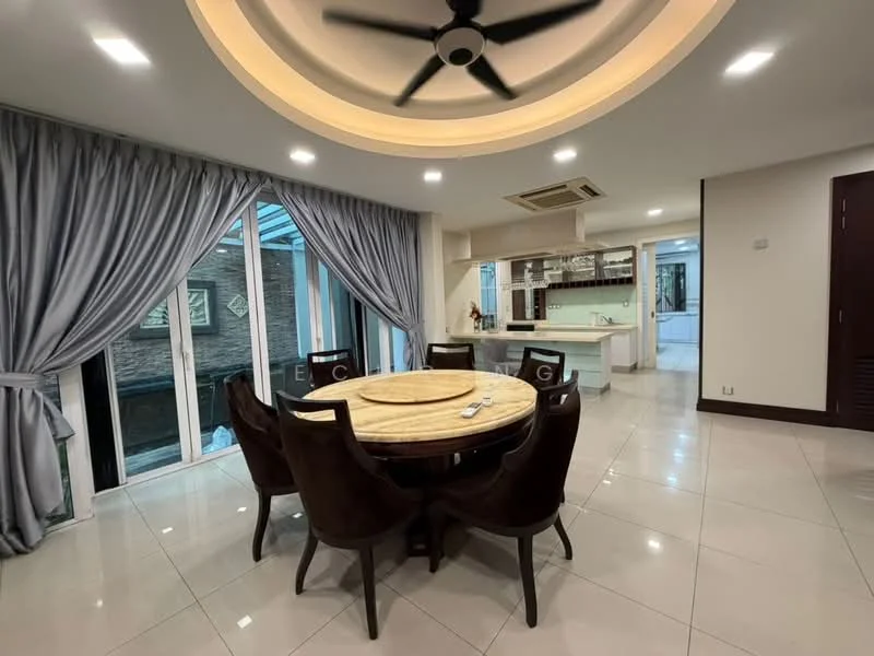 Dining features: round dining table with marble top, 6 upholstered dining chairs, floor-to-ceiling windows, sheer curtains, recessed downlights, tray ceiling, polished ceramic tile flooring, wall-mounted air conditioning unit; style: modern; view: garden. Kitchen features: open kitchen layout, glass-front upper cabinets, countertop with bar seating, built-in oven, stainless-steel range hood, 4-burner gas hob, double-bowl stainless-steel sink, chrome pull-down faucet; style: modern.