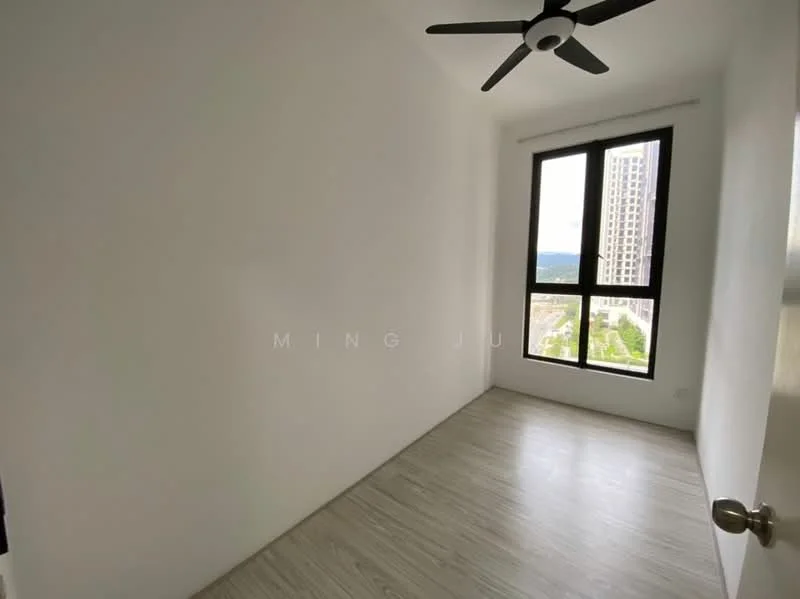 Room features: white painted walls, laminate flooring, 5-blade ceiling fan, floor-to-ceiling windows, city view, window treatments not visible, door with knob; style: modern; view: city.