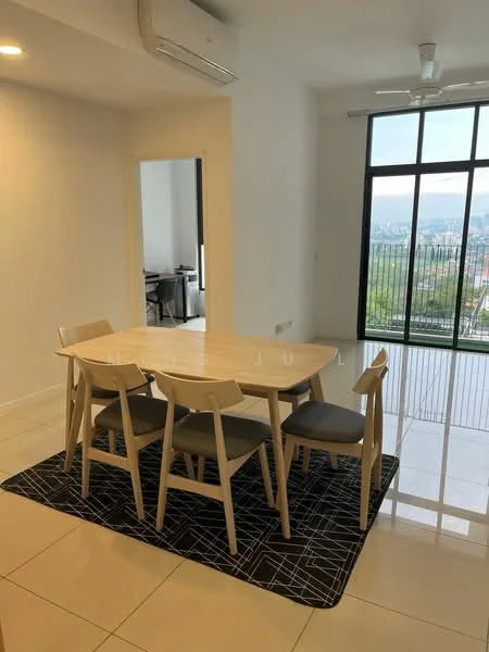 Dining features: 6-seater dining table, wooden dining chairs, black upholstered chair, area rug with geometric pattern, floor-to-ceiling windows, white painted walls, tile flooring, ceiling fan, wall-mounted split AC; style: modern; view: city. Room features: white painted walls, tile flooring.
